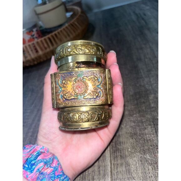 Antique Chinese Brass Tea Jar Caddy Enameled Relief Market Scent Jar - Picture 4 of 8